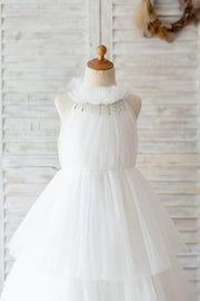 Cupcake Champagne Tulle Halter Neck Floor Length Wedding