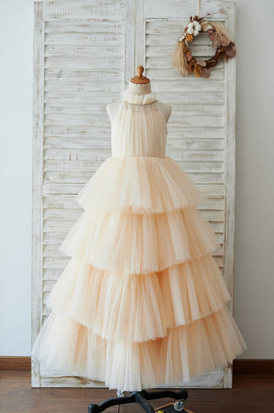 Cupcake Champagne Tulle Halter Neck Floor Length Wedding