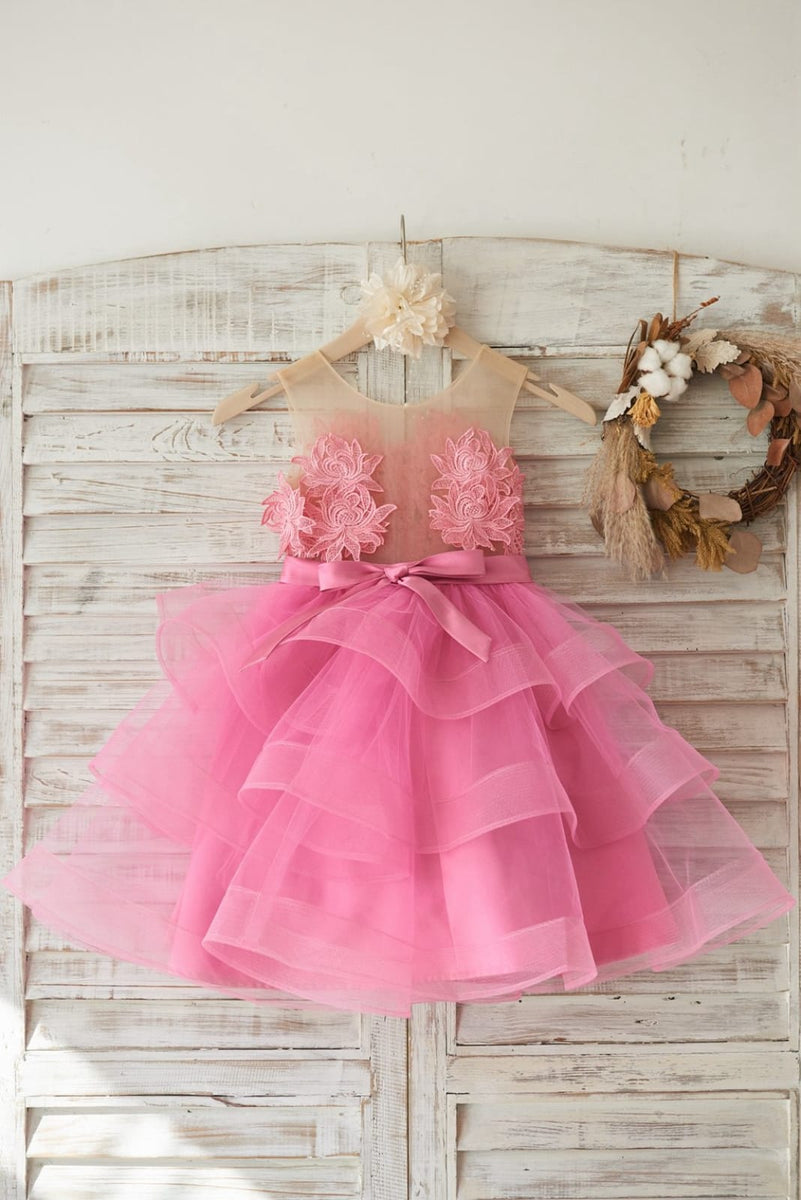 Cupcake Fuchsia Lace Tulle Sheer Neck Horsehair Flower Girl Dress 8T