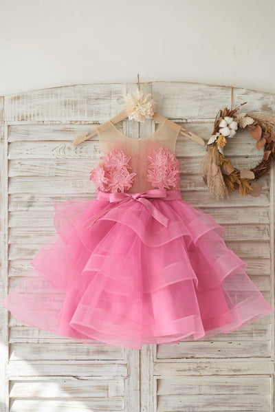 Cupcake Fuchsia Lace Tulle Wedding Flower Girl Dress with 