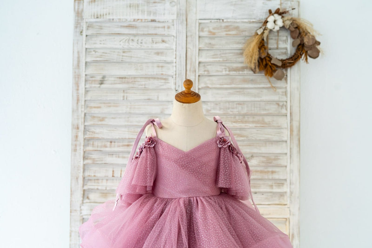 Mauve Tulle Gold Lace Sheer Back Wedding Flower Girl Dress Kids Pageant Gown