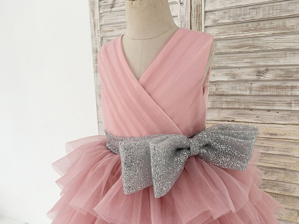 Cupcake Mauve Tulle V Neck Wedding Flower Girl Dress with