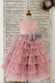 Cupcake Mauve Tulle V Neck Wedding Flower Girl Dress with