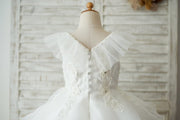 Cupcake V Neck Ivory Lace Organza Wedding Flower Girl Dress 