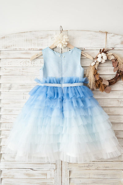 Ombre Blue Glittering Tulle Cupcake Wedding Flower Girl 