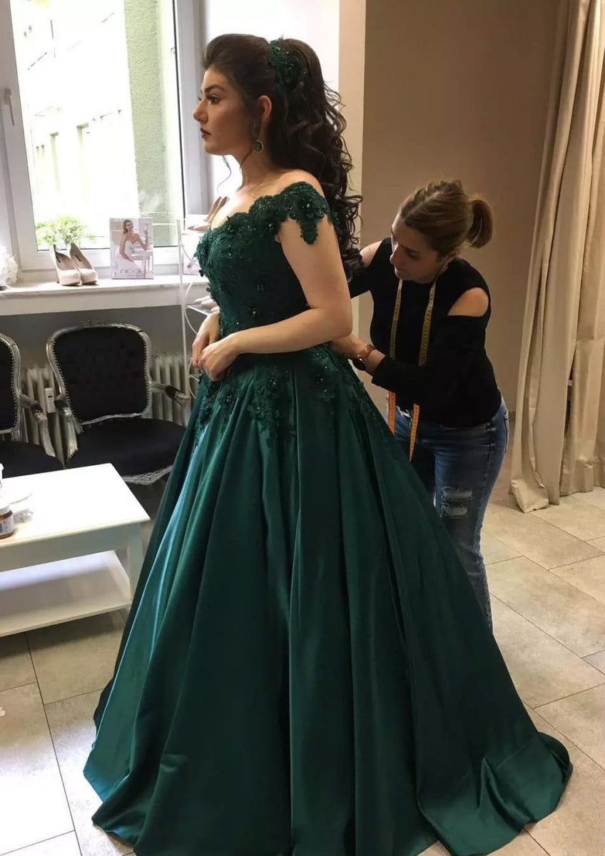 Dark Green Satin Sweep Ball Gown Off Shoulder Prom Dress, Lace Beading - Princessly Dark Green Satin Sweep Ball Gown Off Shoulder Prom Dress, Lace Beading - Princessly