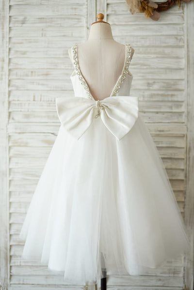 Deep V Back Ivory Lace Tulle Wedding Flower Girl Dress with