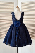 Deep V Back Navy Blue Lace Wedding Flower Girl Dress, Flower