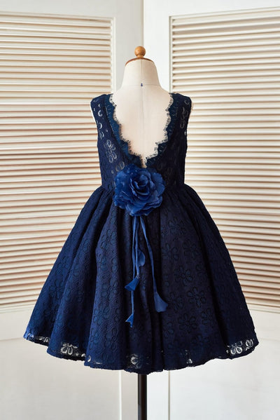 Deep V Back Navy Blue Lace Wedding Flower Girl Dress with 