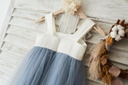 Dusty Blue Tulle Beaded Lace Wedding Flower Girl Dress