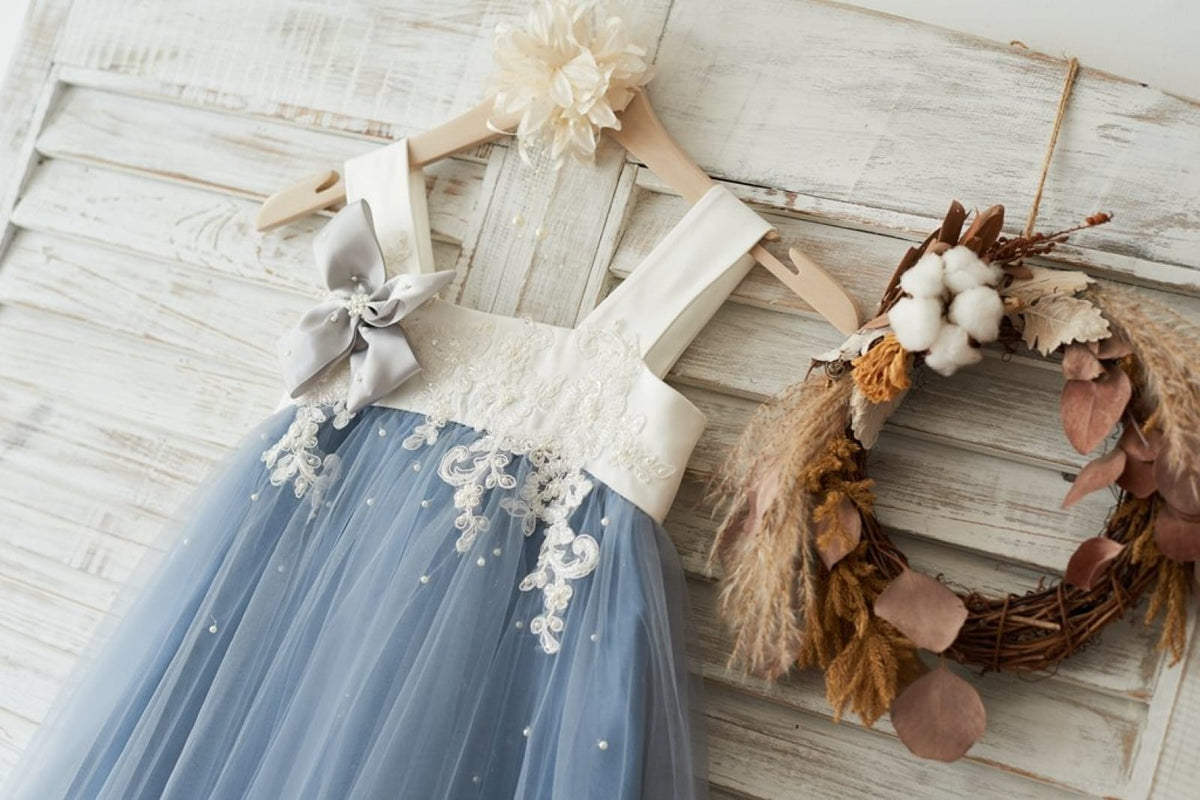 Dusty Blue Tulle Beaded Lace Wedding Flower Girl Dress 6T