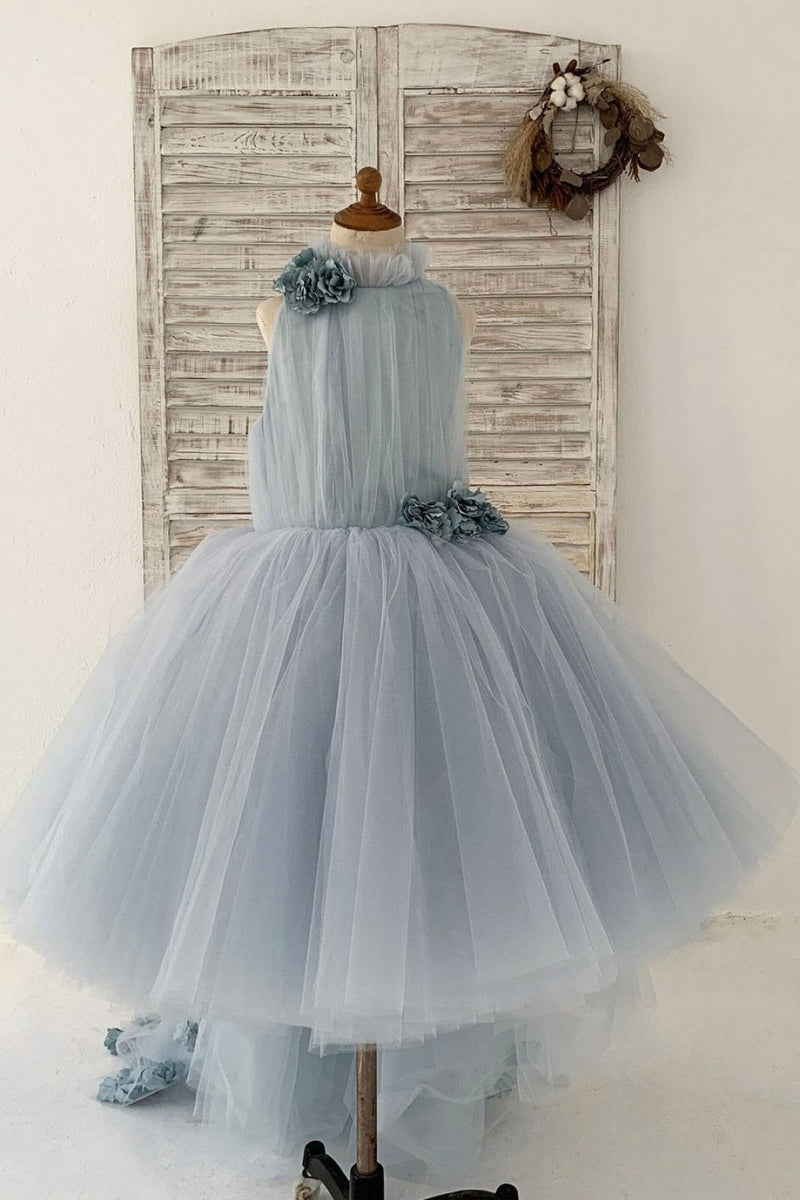 Dusty Blue Tulle Hi-Low Wedding Flower Girl Dress Kids Party Dress, Sweep Train Custom Size / Blue