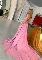 Elastic Satin Prom Dress A-Line/Princess High-Neck Chapel