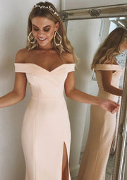 Elastic Satin Sheath/Column Off Shoulder Black Long Split