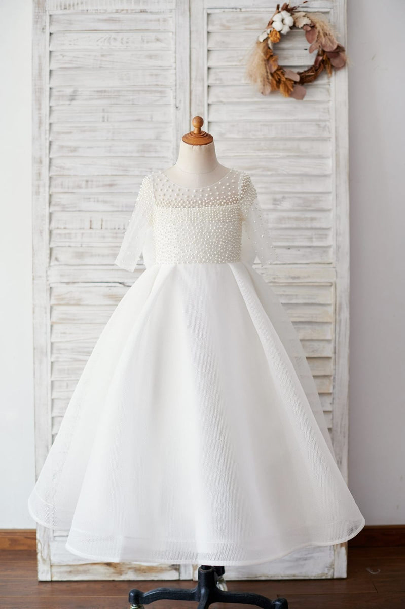 Off Shoulder Elbow Sleeves Beaded Lace Tulle Wedding Flower Girl Dress