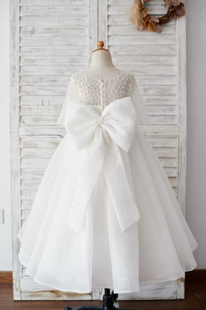 Sleeveless Beaded Halter Backless Pink Tulle Formal Party Flower Girl Dress, Bow