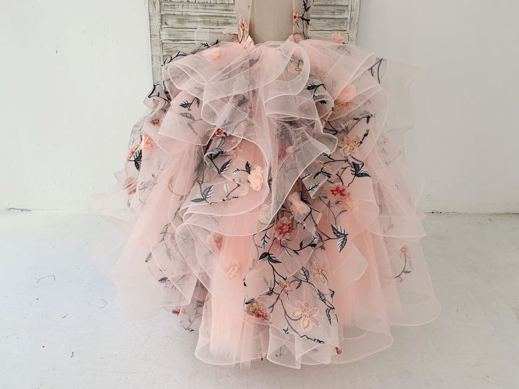 Ball Gown Embroidery Lace Tulle Cap Sleeves Keyhole Back