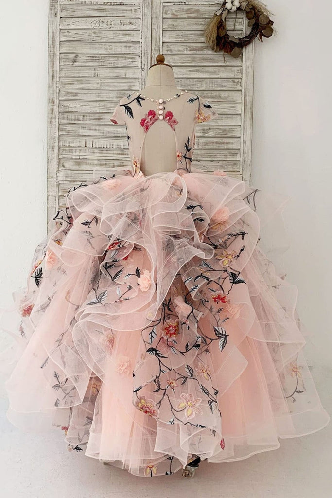 Ball Gown Embroidery Lace Tulle Cap Sleeves Keyhole Back