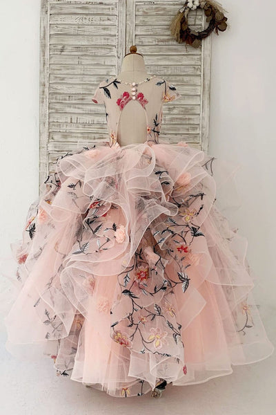 Ball Gown Embroidery Lace Tulle Cap Sleeves Keyhole Back