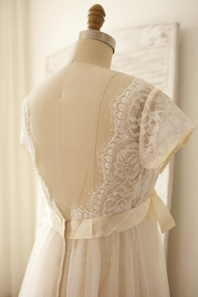 Empire Waist Maternity Cap Sleeves Lace Tulle Wedding Dress