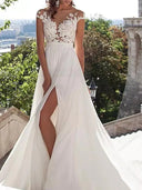 Plage A-Line Sweep Cap Sleeve Bateau Dentelle Satin robe de mariée