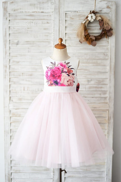 Floral Print Satin Pink Tulle V Back Wedding Flower Girl 