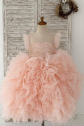 Fluffy mangas con cuentas melocotón tul Organza boda vestido de niña de las flores fiesta de los niños