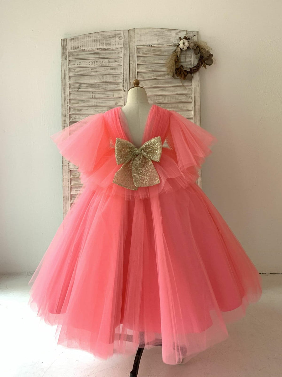Fluffy Sleeves V Neck Coral Yellow Tulle Wedding Flower Girl Dress Kids Party 9T / Yellow Fluffy Sleeves V Neck Coral Yellow Tulle Wedding Flower Girl Dress Kids Party 9T / Yellow