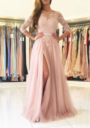 Formal Bateau 3/4 Sleeve Slit Sweep Blush Lace Tulle Evening