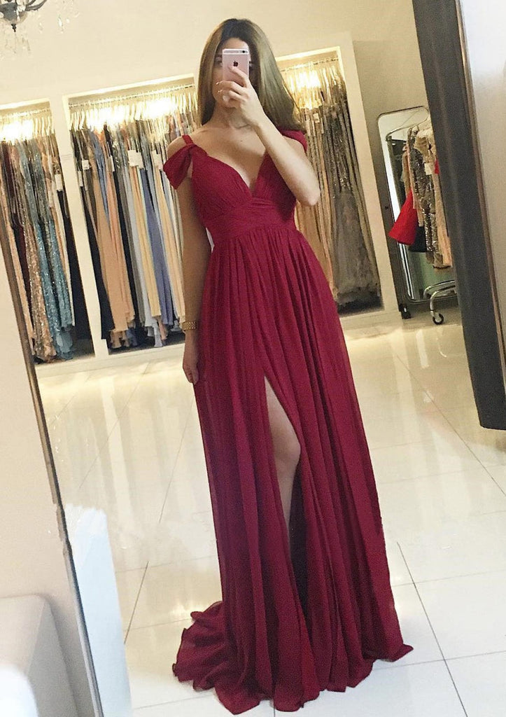 Formal Cold Shoulder A-line Split Burgundy Chiffon Long