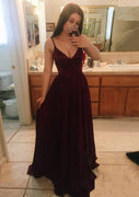 Formal A-line V Neck Straps Floor-Length Chiffon Prom Dress Evening Gown