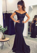 Formal Mermaid Navy Satin Off Shoulder Fishtail Evening Gown Prom Dress, Lace