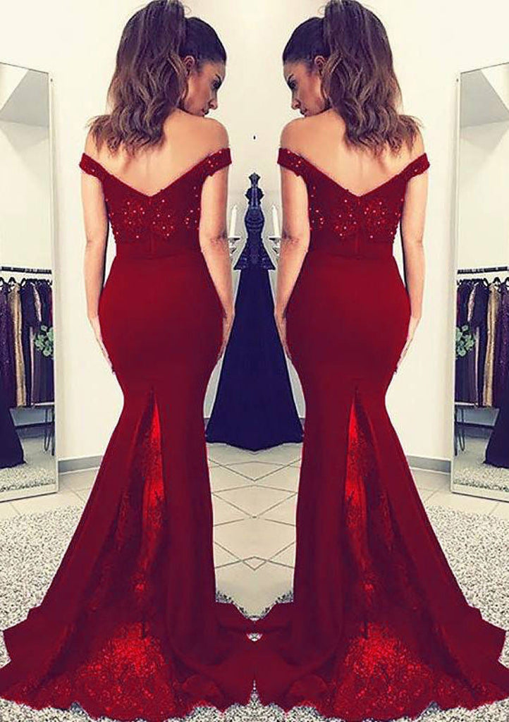 Formal Mermaid Navy Satin Off Shoulder Fishtail Evening Gown