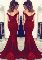 Formal Mermaid Navy Satin Off Shoulder Fishtail Evening Gown