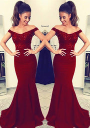 Formal Mermaid Navy Satin Off Shoulder Fishtail Evening Gown