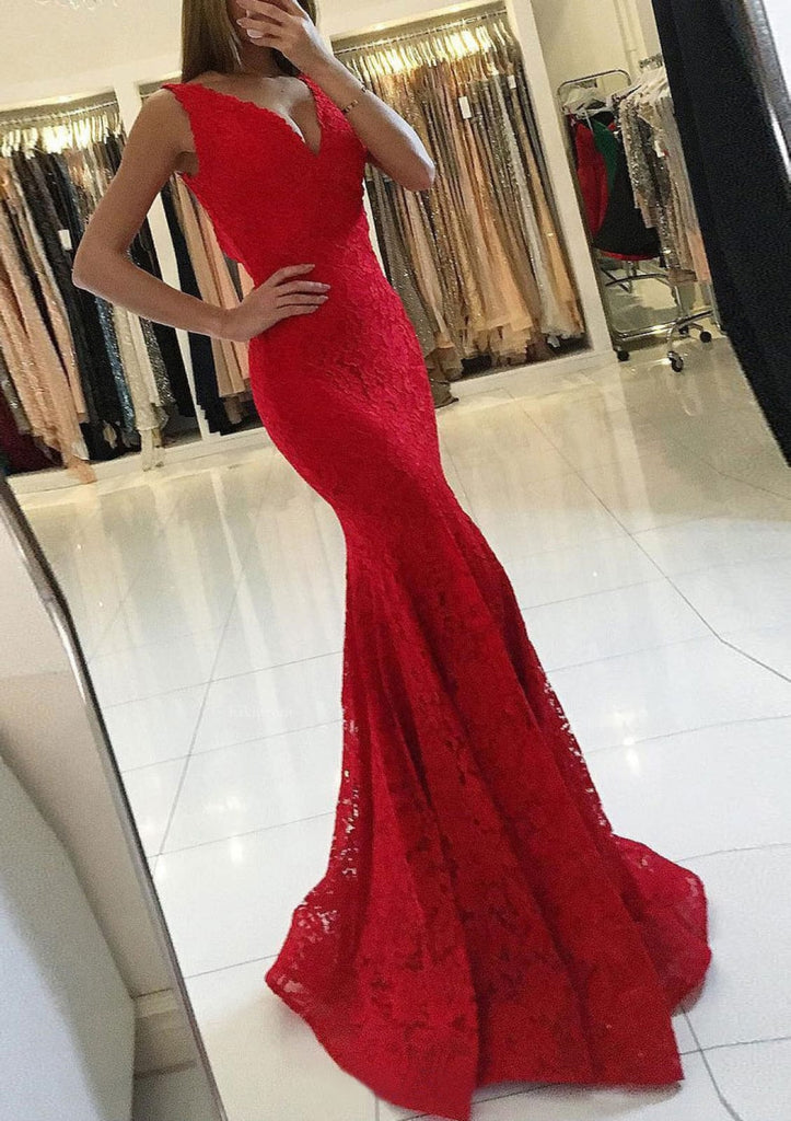 Formal V Neck Sleeveless Sweep Train Red Lace Mermaid Prom