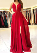 Formal Plunging Sleeveless Open Back Floor-length A-line Split Chiffon Prom Dress