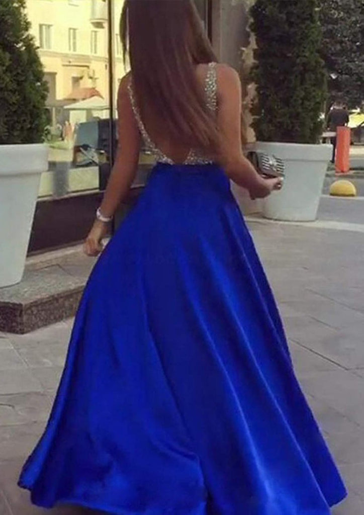 Formal Princess Plunging Sleeveless Long Royal Blue Satin