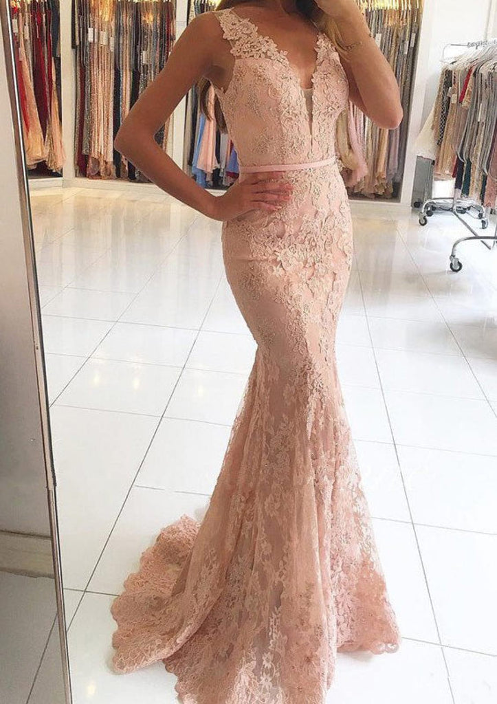 Sleeveless Plunge White Lace Overlay Mermaid Prom Evening