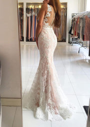 Sleeveless Plunge White Lace Overlay Mermaid Prom Evening