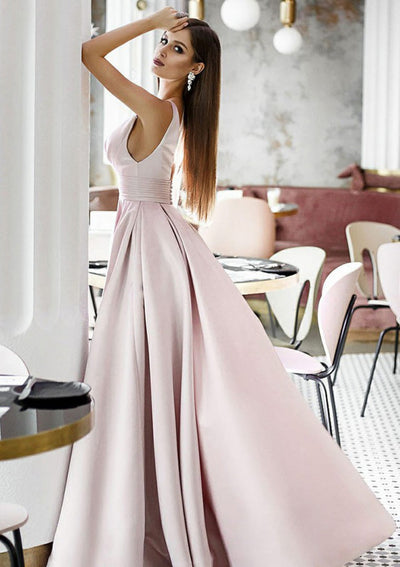 Formal Sleeveless Plunging V Back Ruched Waistband Satin