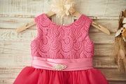 Fuchsia Lace Organza Wedding Flower Girl Dress with Belt /