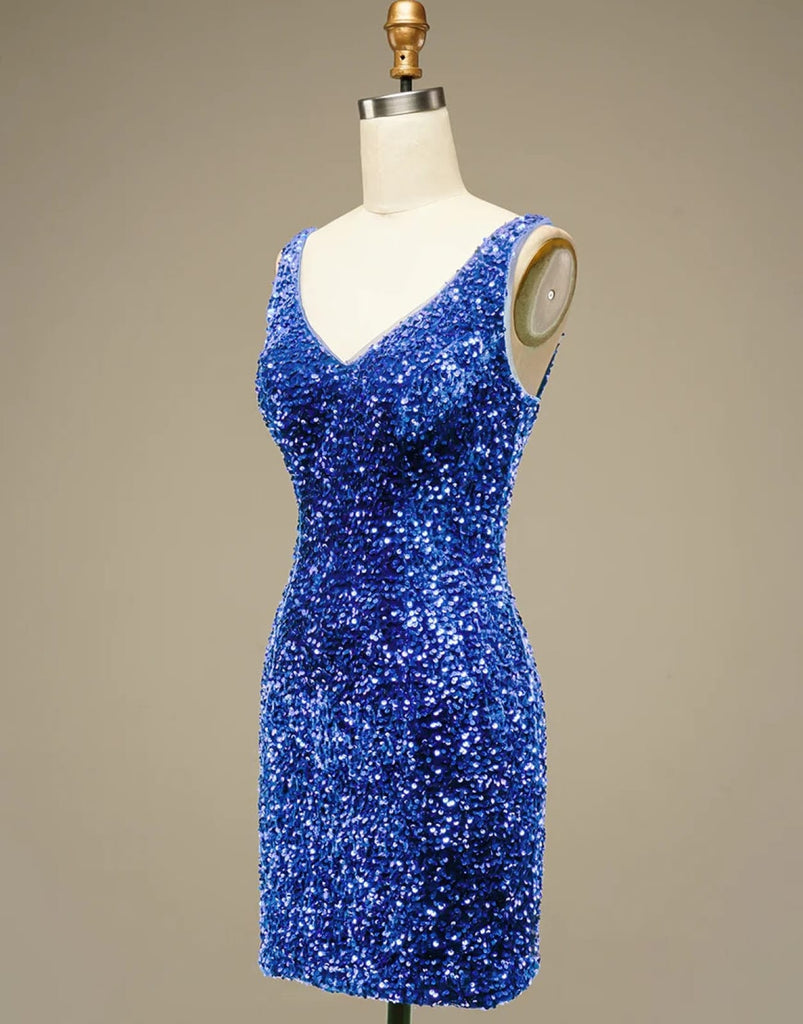 Glitter Blue Sequin Straps Backless Mini Prom Homecoming