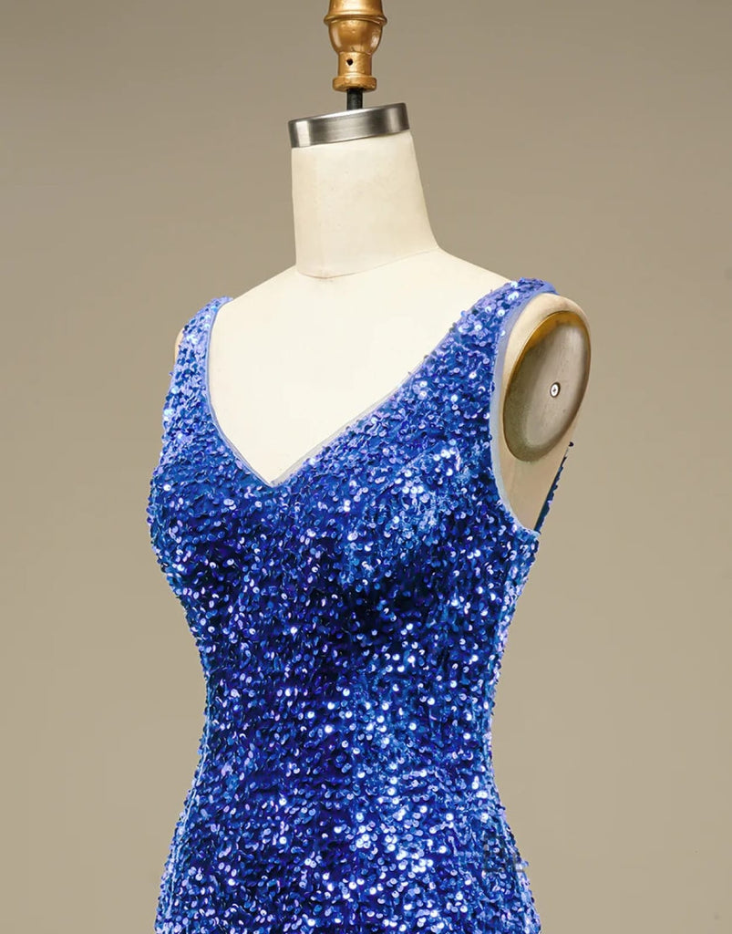 Glitter Blue Sequin Straps Backless Mini Prom Homecoming