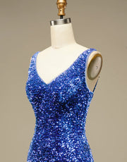 Glitter Blue Sequin Straps Backless Mini Prom Homecoming