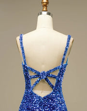 Glitter Blue Sequin Straps Backless Mini Prom Homecoming