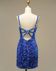 Glitter Blue Sequin Straps Backless Mini Prom Homecoming 