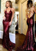 Glitter Burgundy Cross Straps Sweep Sequined Mermaid Prom Dress