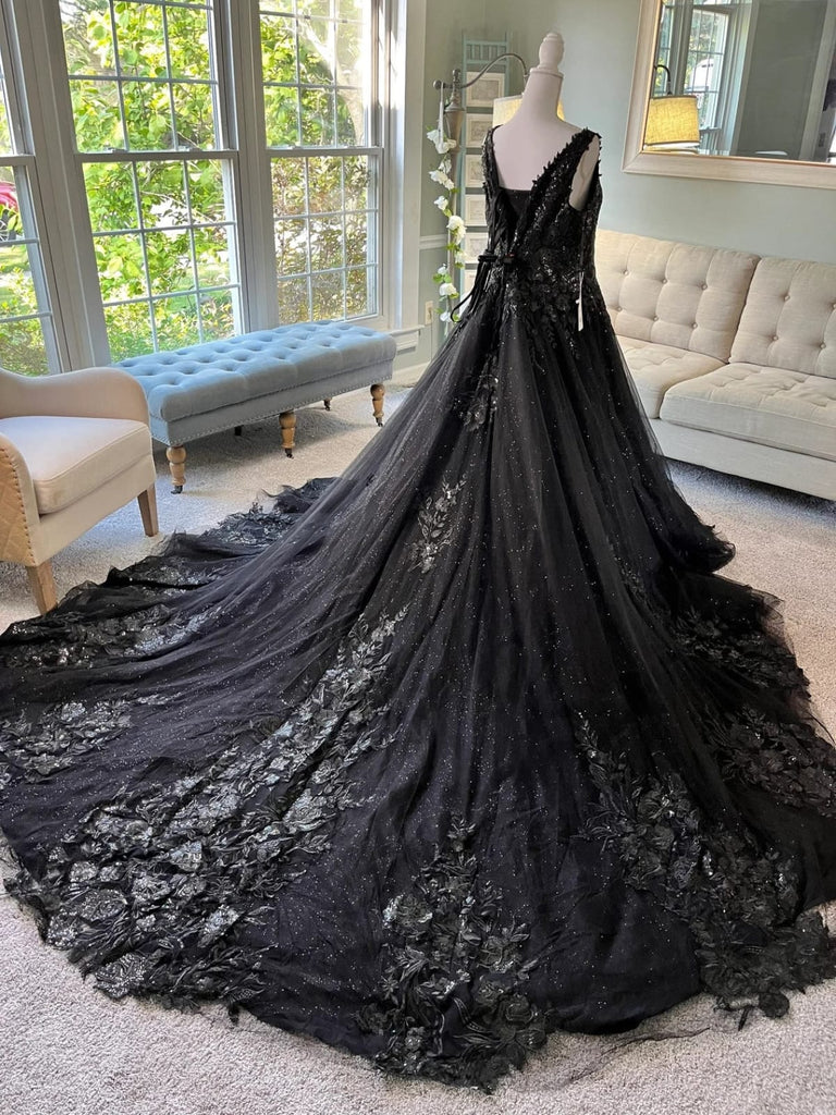 Glitter Embroidered Lace Ball Gown Cathedral Gothic Black