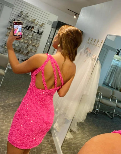 Glitter Hot Pink Sequin One Shoulder Homecoming Wedding